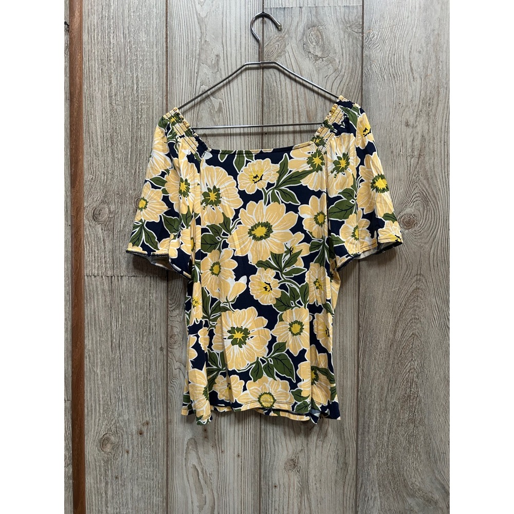 AnyBody Womens Floral Square Neck Smocked Shoulder Top Navy Yellow Size L - Picture 6 of 6